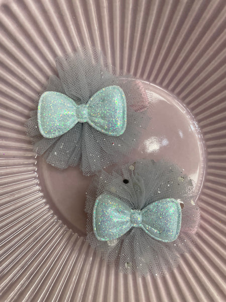Alligator Clip Set | Tulle Bow | Blue Gray