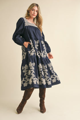 Dress | Floral Navy Embroidery