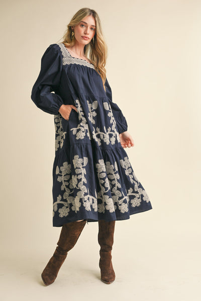 Dress | Floral Navy Embroidery