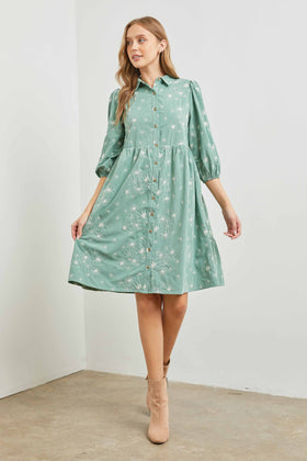 Dress | Floral Embroidered Corduroy