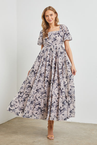 Dress | Square Neck Pleated Floral Pattern Maxi