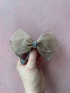 Automatic Clip | Sheer Rhinestone Bow | Beige