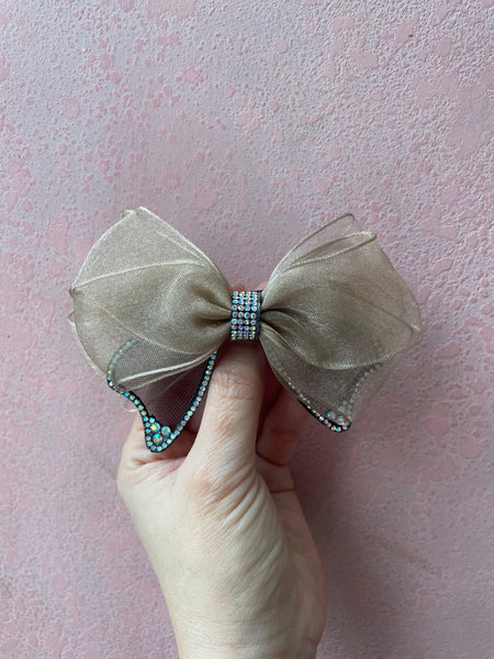 Automatic Clip | Sheer Rhinestone Bow | Beige