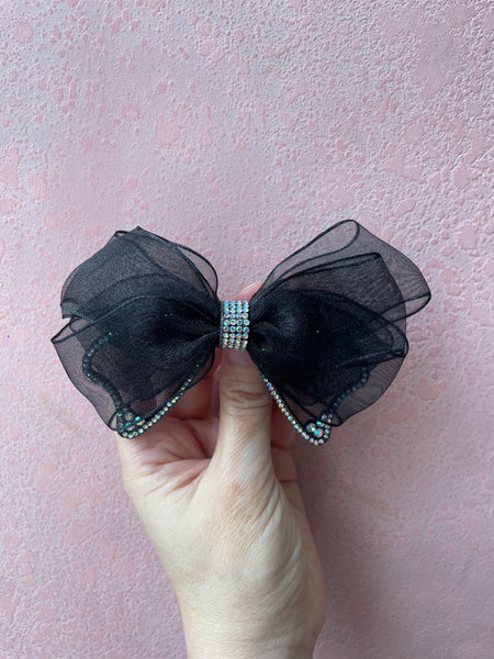 Automatic Clip | Sheer Rhinestone Bow | Black