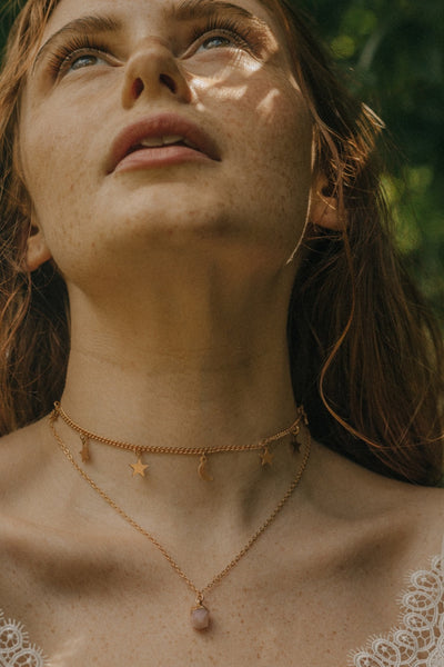 Pendant Necklace | Gold atone Rose Quartz Moon & Star