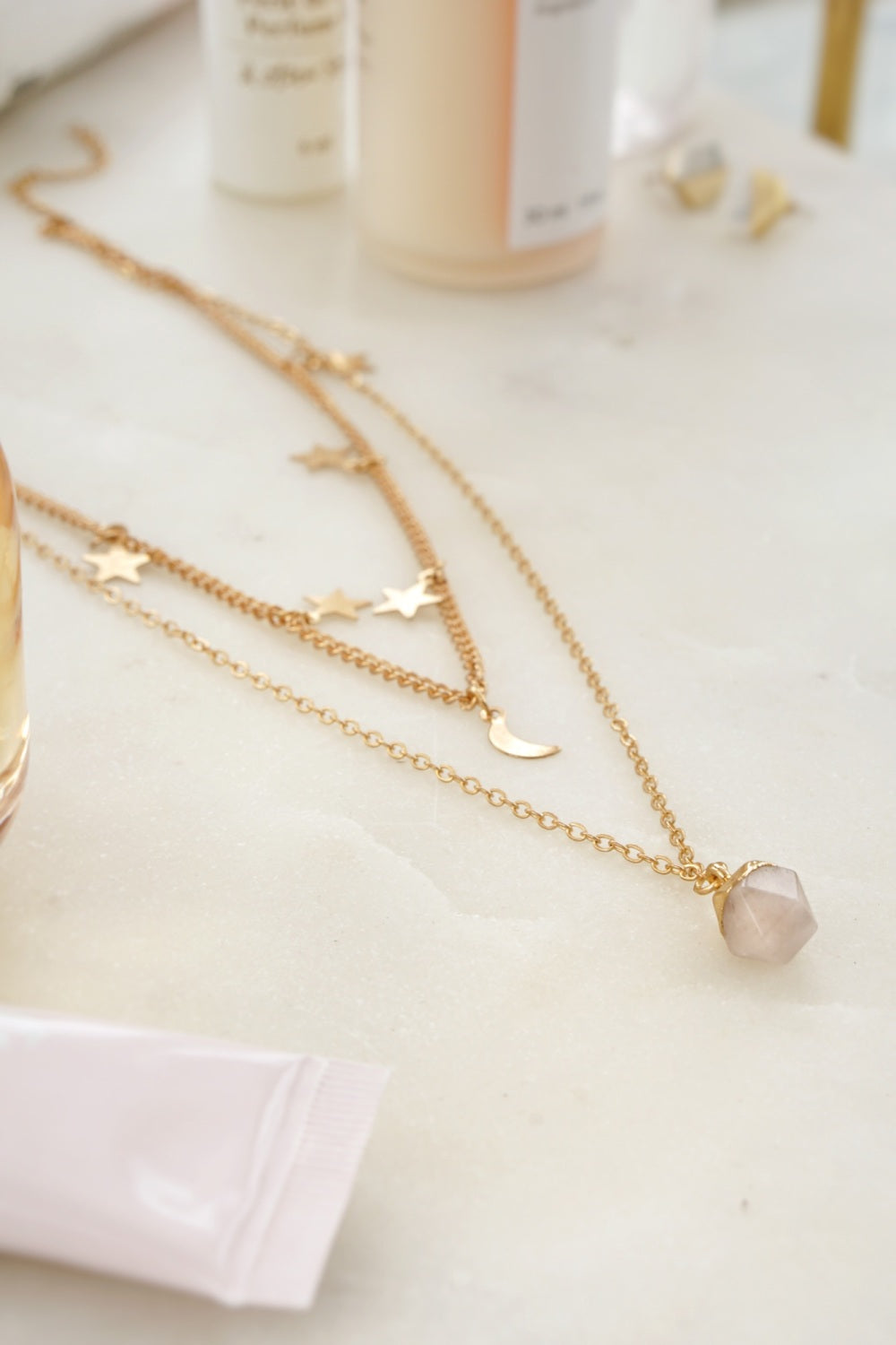 Pendant Necklace | Gold atone Rose Quartz Moon & Star