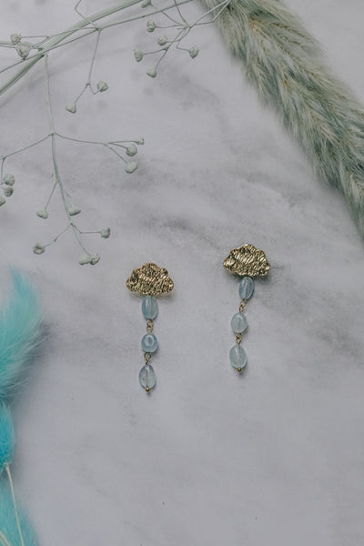 Single Drop Earring | Gold Tone Cloud Aquamarine
