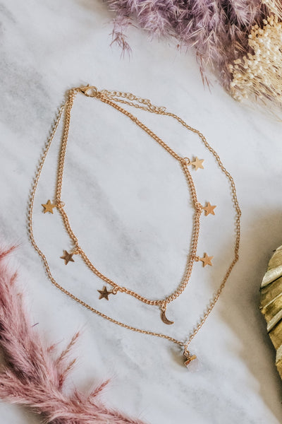 Pendant Necklace | Gold atone Rose Quartz Moon & Star